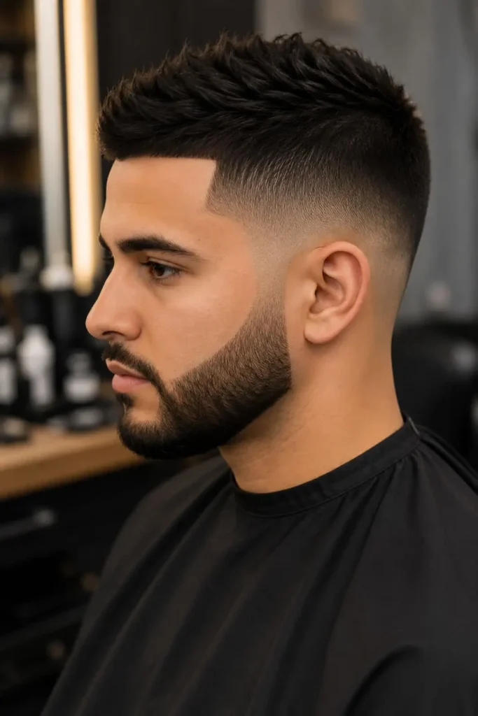 Taper fade buzz cut with evenly cropped hair and neatly blended sides