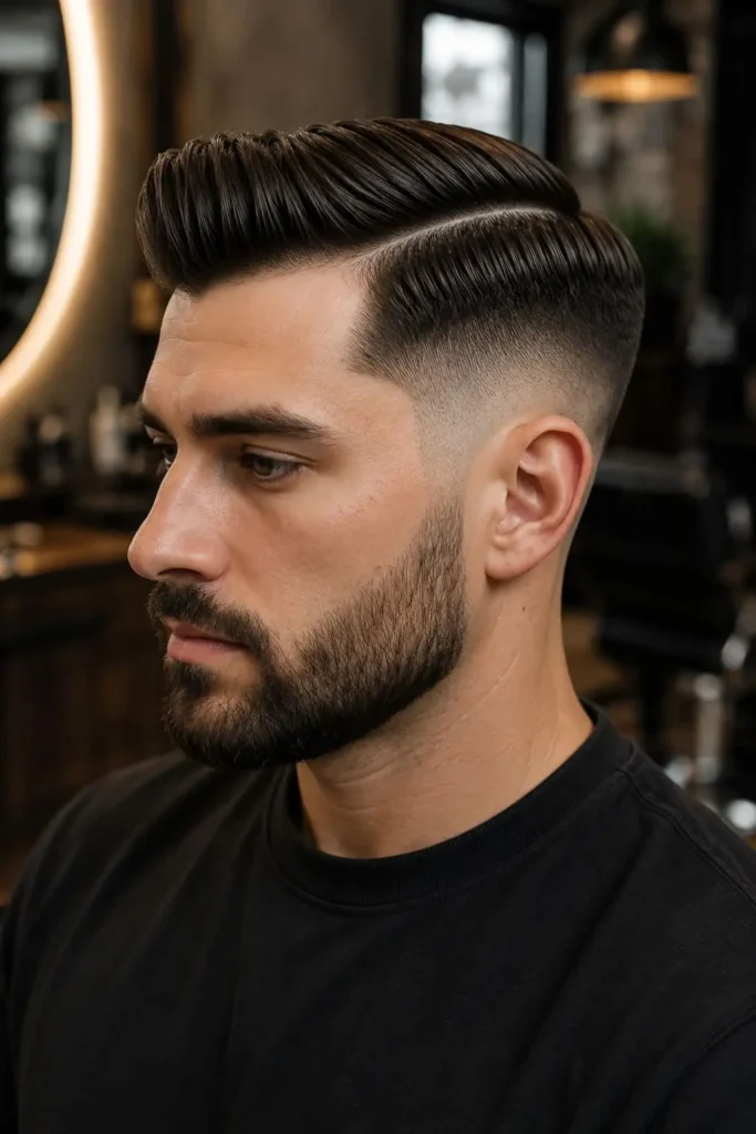 Taper fade comb over with a clean side part and smoothly blended sides