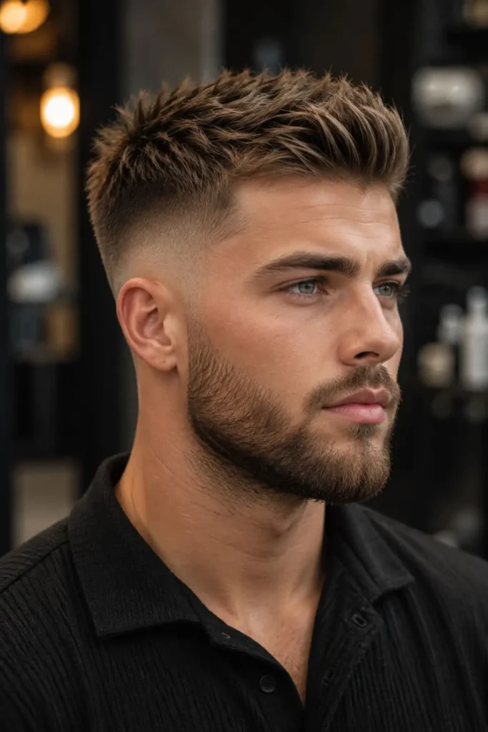 Taper fade crew cut with short textured hair and a crisp neckline
