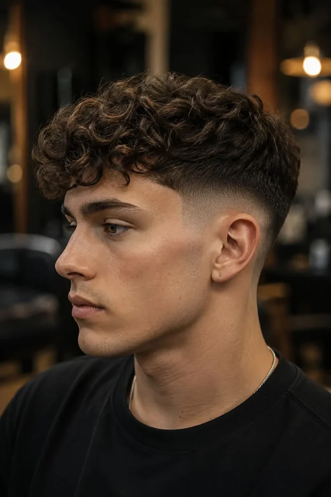 Taper fade curly hair with defined natural curls and neatly blended sides