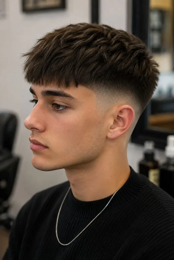 Taper fade fringe haircut with textured forward bangs and clean tapered sides