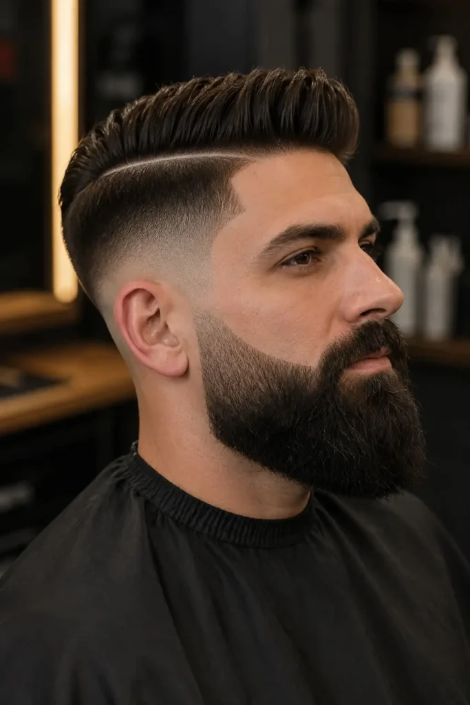 Taper fade haircut with a neatly groomed full beard and clean blended sideburns