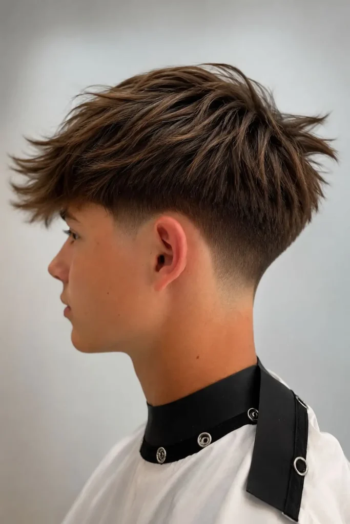 Taper fade haircut with flipped voluminous top for men