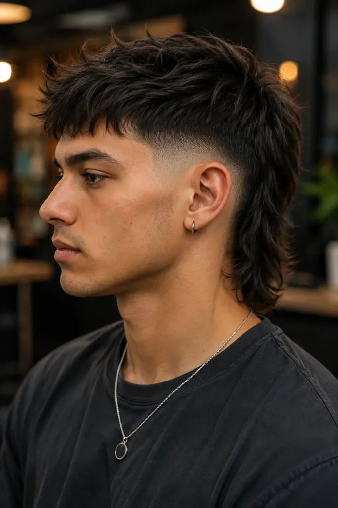 Taper fade mullet with short sides, textured layers, and longer hair at the back