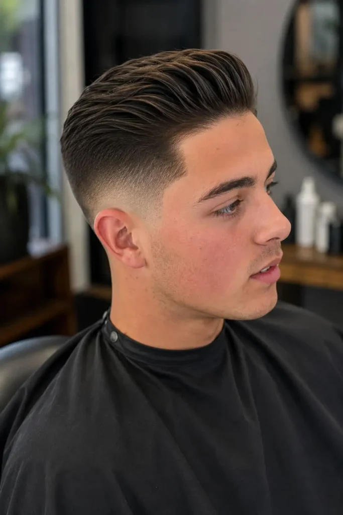 Taper fade quiff with voluminous textured hair and clean tapered sides