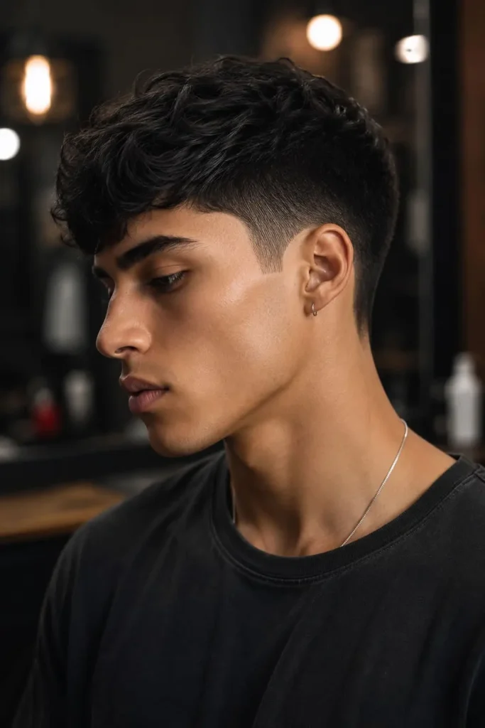 Taper fade textured crop with piecey hair texture and a clean blended neckline
