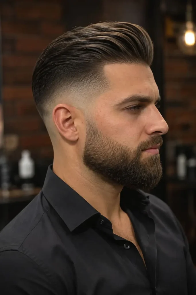 Taper pompadour fade with voluminous styled hair and clean tapered sides