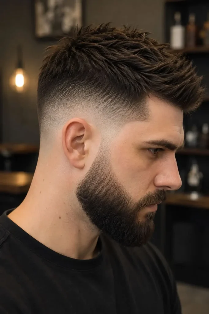 Taper slicked back fade with neatly blended sides and brushed-back volume