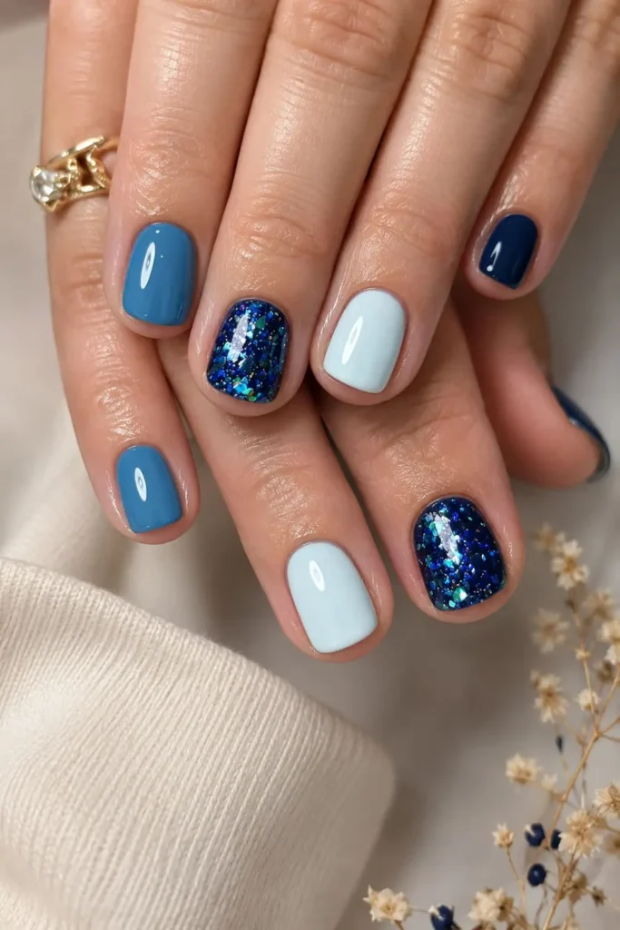Teal gel nails featuring layered turquoise and blue-green shades