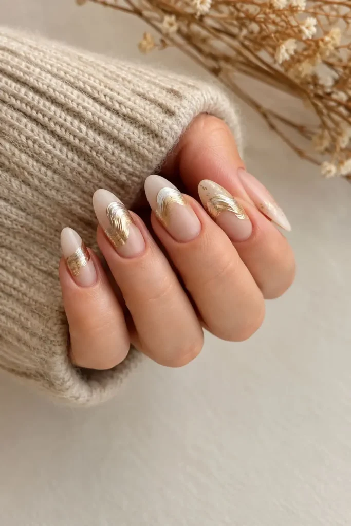 Textured chrome gel nails with sculptural details, silver shine, and gold accents