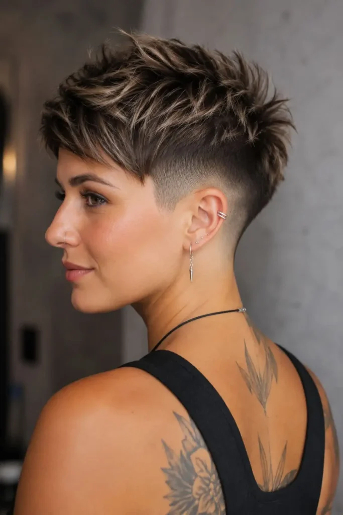 Textured pixie haircut with undercut and faded sides for women