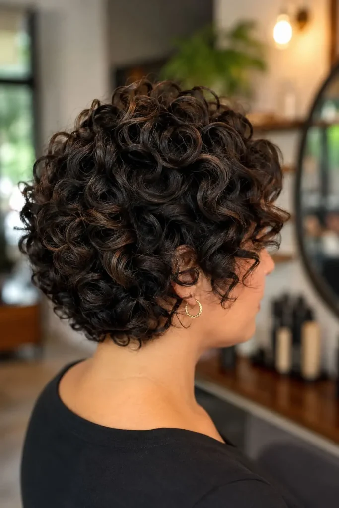 Textured short curly bob with tight curls and subtle highlights for women