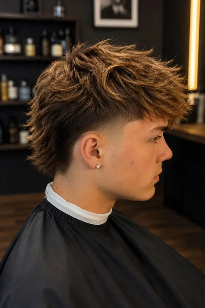 Textured wings haircut with flared layered volume for men