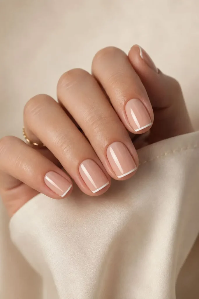 Thin micro white nails on a natural nude base