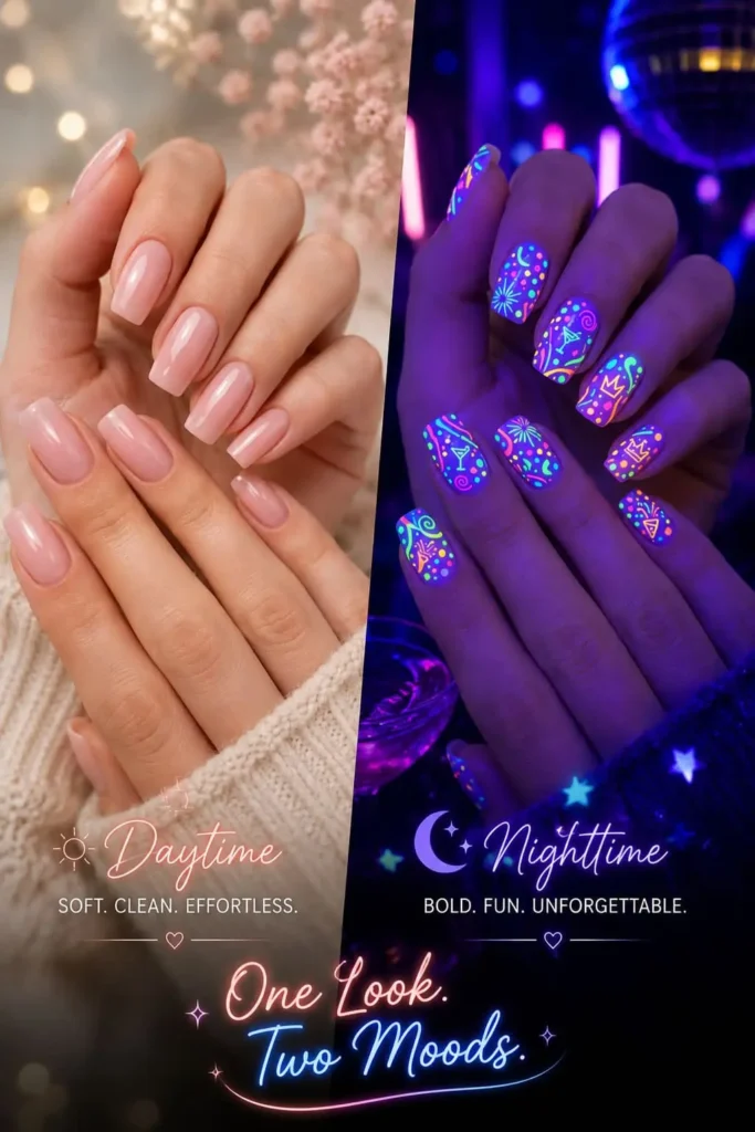 UV birthday nails with glowing zodiac constellations and hidden party designs
