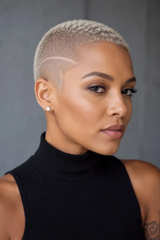 Ultra-short cropped fade haircut for women with shaved side detail
