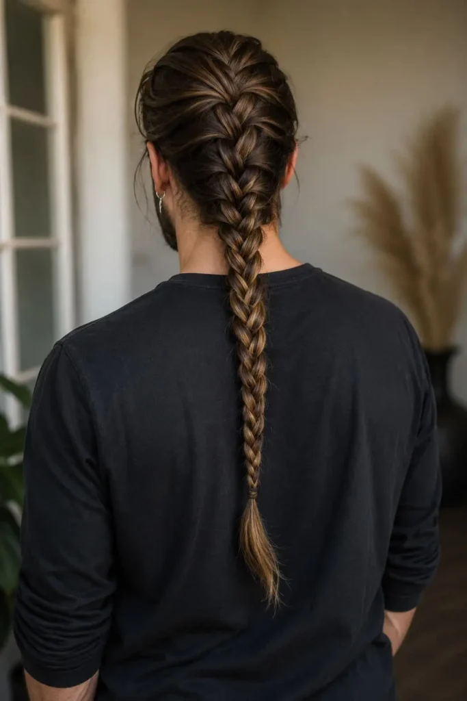 Viking braided hairstyle for men with long hair and shaved sides