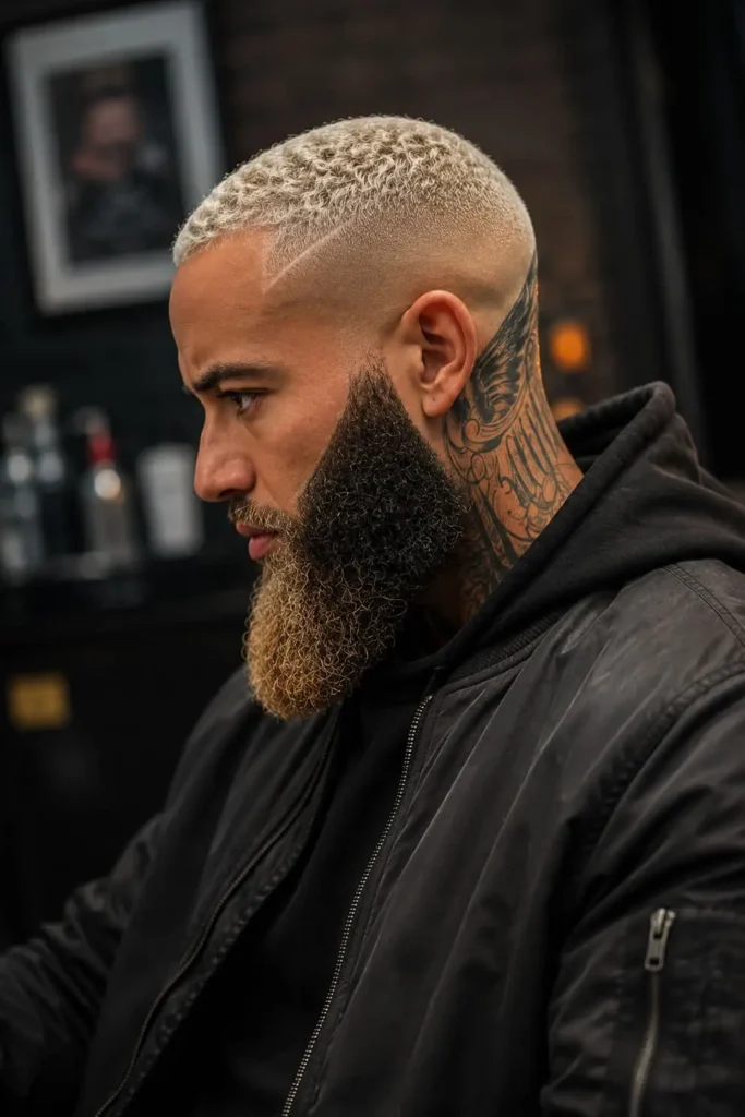 Viking buzz cut with thick beard hairstyle for men