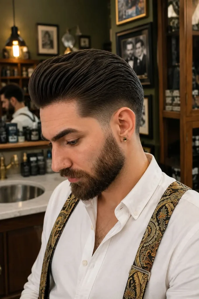 Viking-inspired pompadour hairstyle with high fade for men