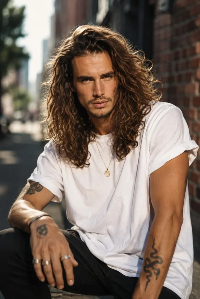Viking long curly hairstyle with volume and temple braids for men