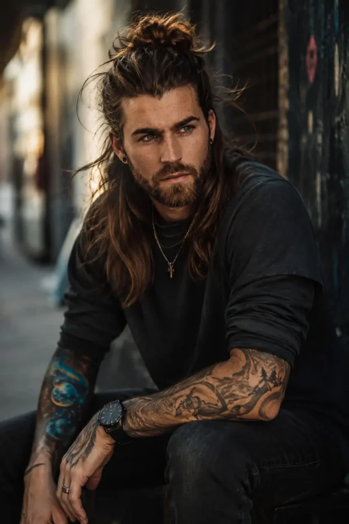 Viking long hair with full beard hairstyle for men