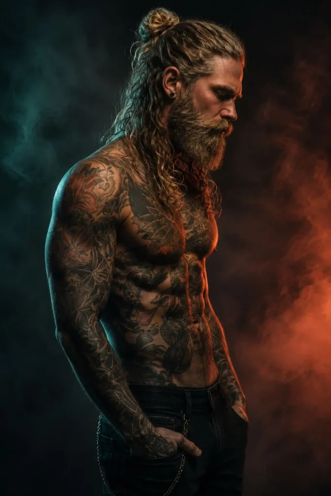 Viking long hair with half bun hairstyle for men