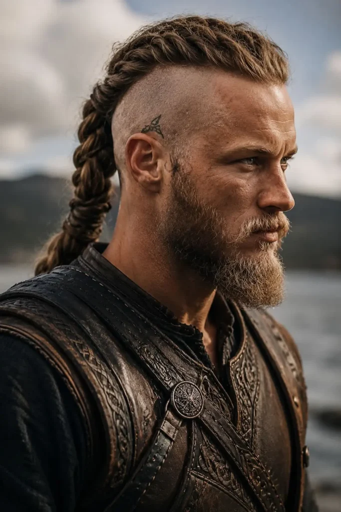 Viking long hairstyle with temple shave for men