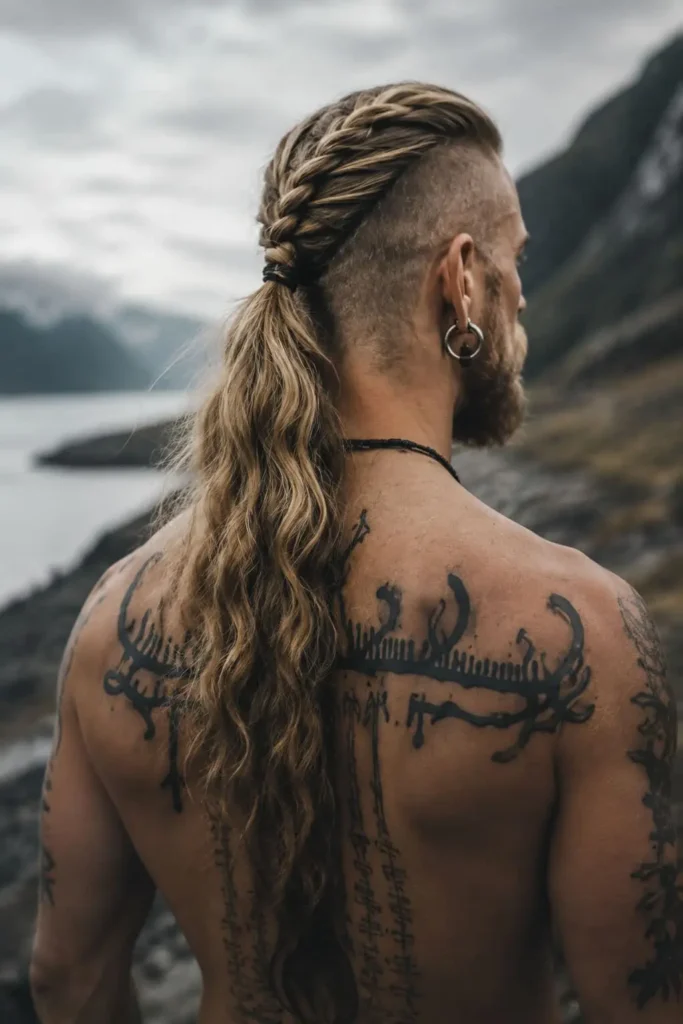 Viking long ponytail hairstyle with shaved sides for men
