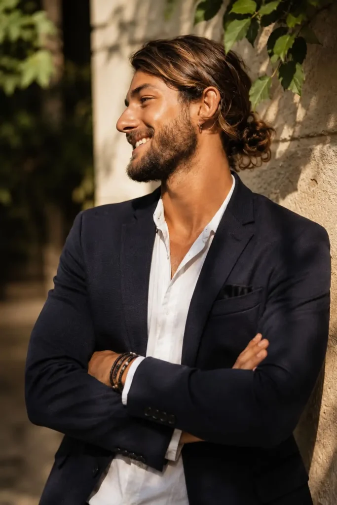 Viking short ponytail hairstyle for men with long hair transition