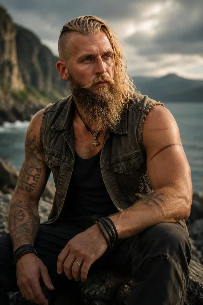 Viking slicked back hairstyle with undercut and beard