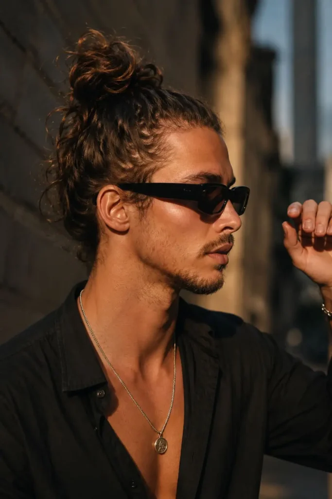 Viking soft fade hairstyle with long textured hair for men
