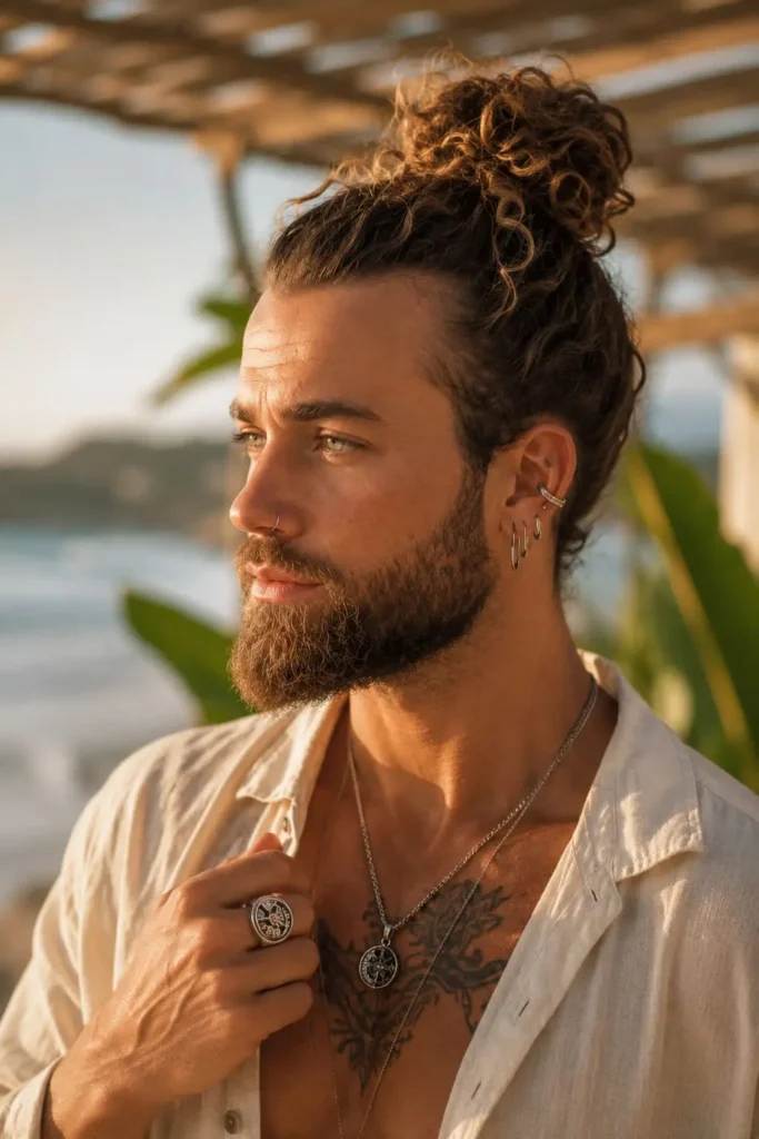 Viking top knot hairstyle with shaved undercut for men