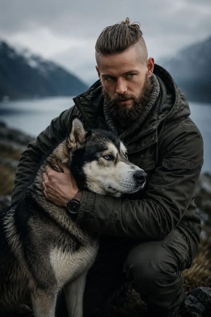 Viking topknot hairstyle with full beard for men