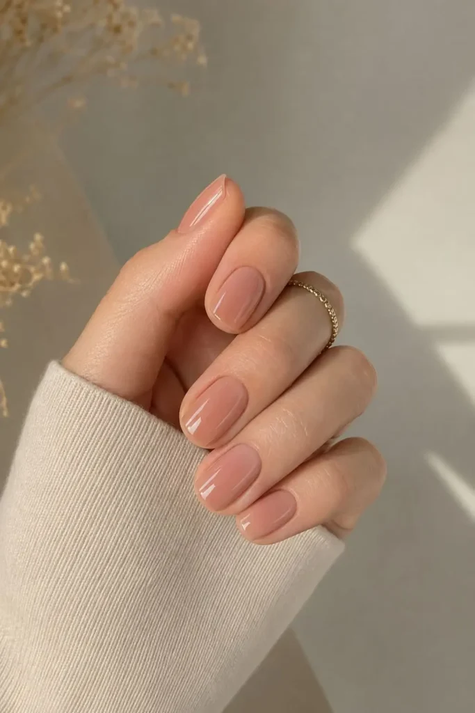 Warm peach nude nails with glossy peach-coral polish for a soft spring manicure