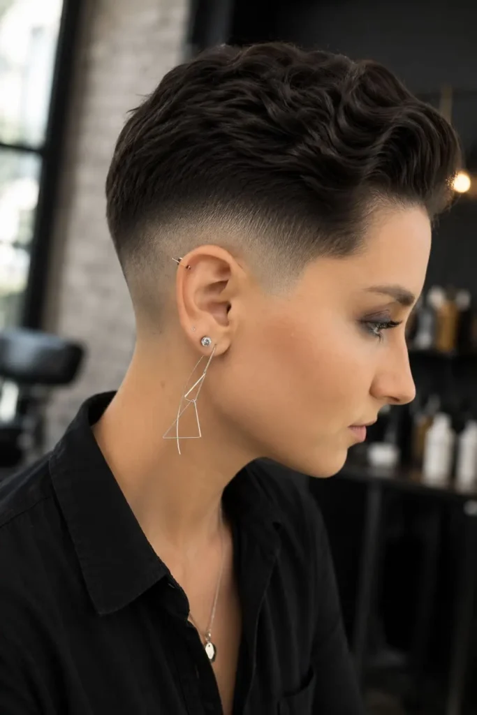 Wavy taper fade hairstyle for women with natural textured waves