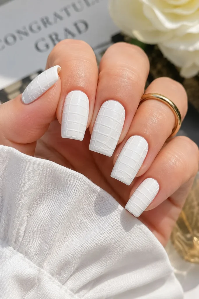 White croc print graduation nails with a glossy textured finish