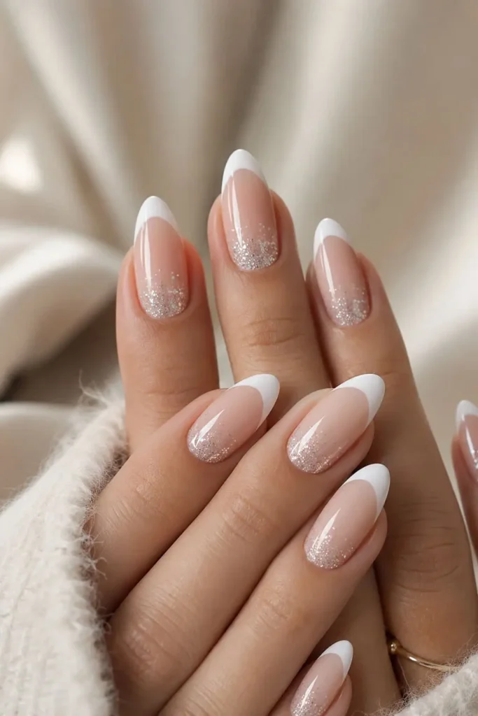 White French tip nail designs with delicate silver glitter accents