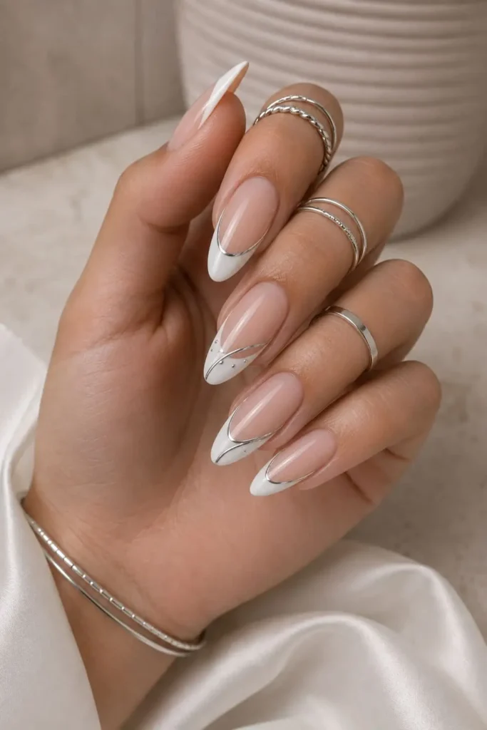 White French tip nails with delicate silver metallic accents
