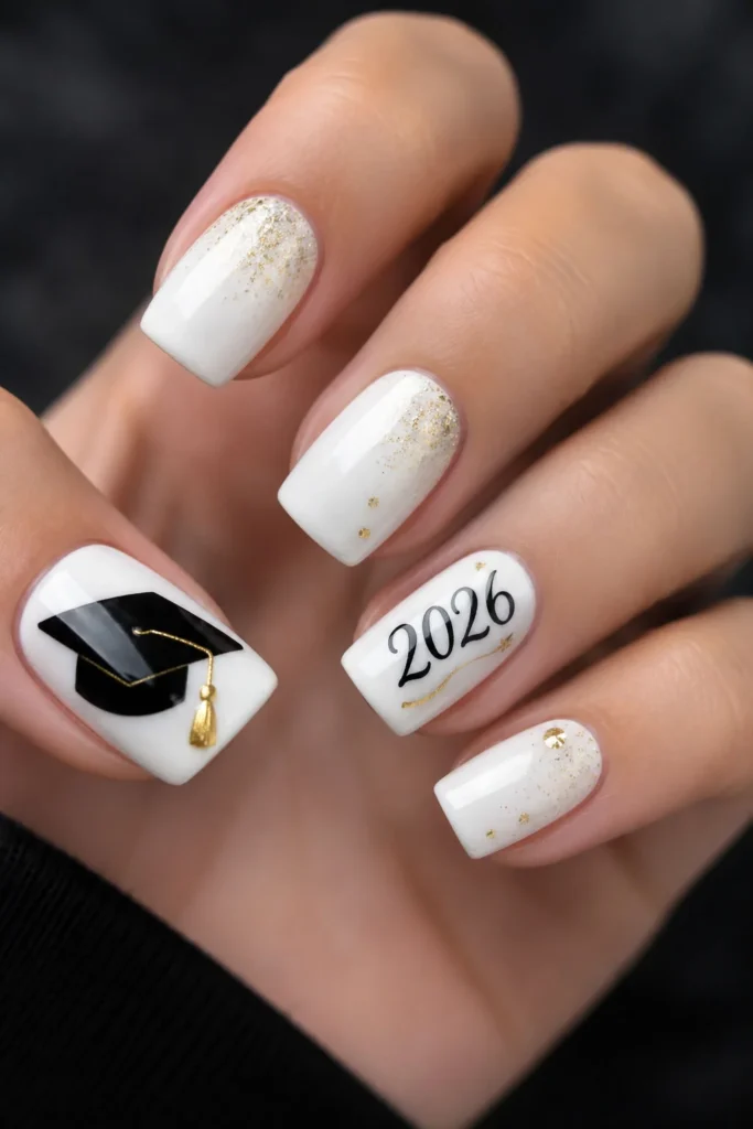 White and gold graduation nails featuring a detailed graduation cap and tassel