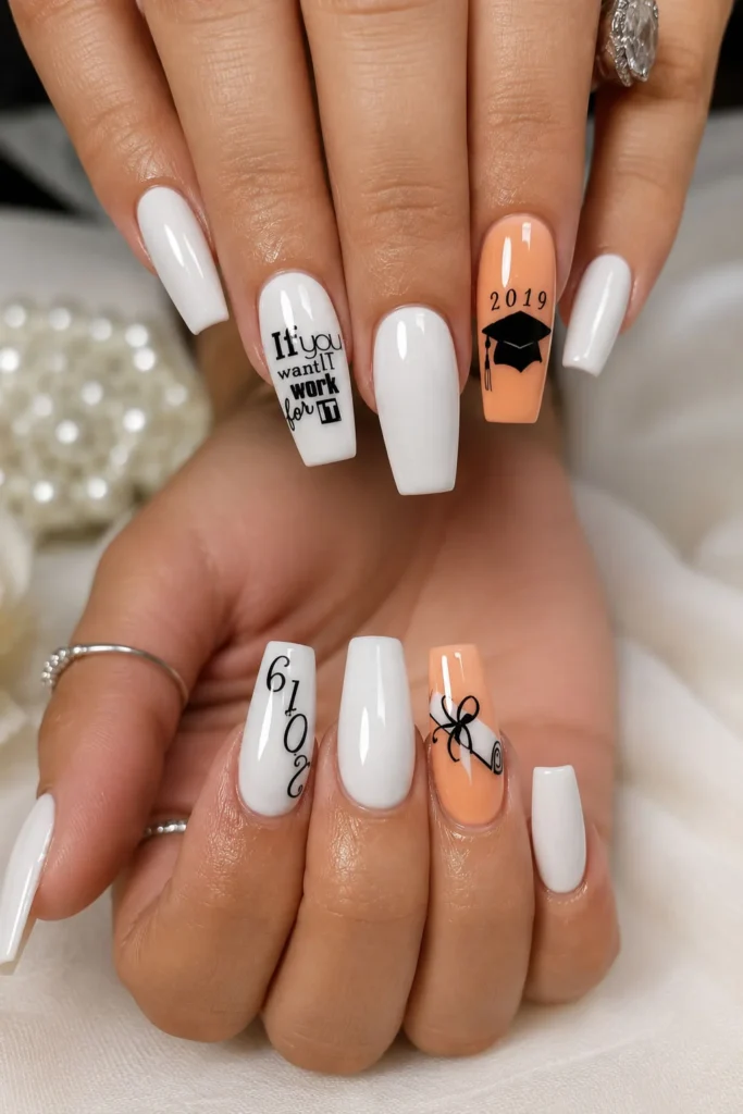 White and peach graduation nails with a painted graduation cap and year details