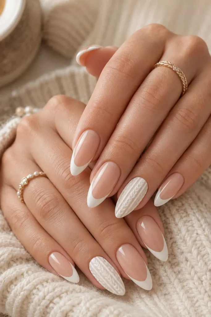 White sweater French tip nails with raised knitted nail art