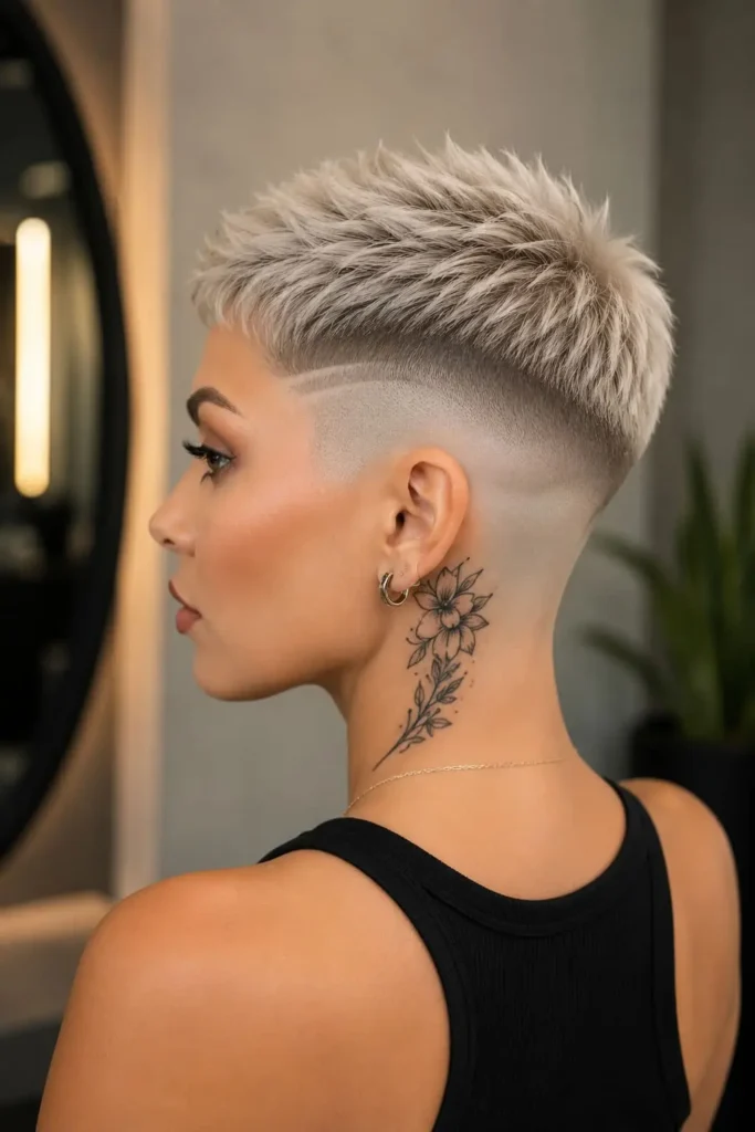 Womens French crop hairstyle with a high fade and textured fringe