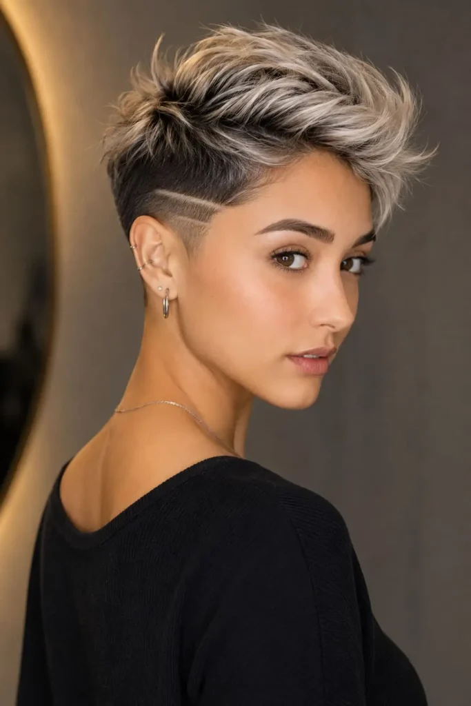 Womens pompadour fade haircut with voluminous textured top