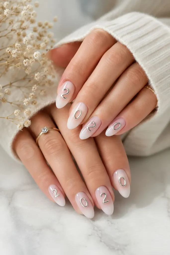 Y2K nails with dainty silver chrome birth year numbers
