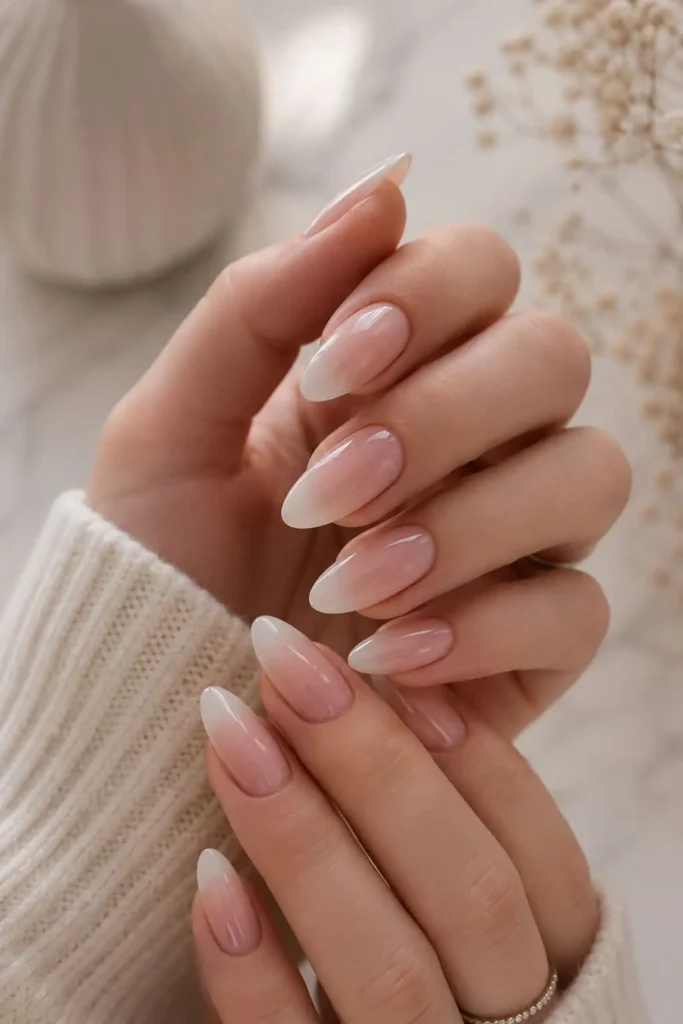 Baby Boomer bridal nails with soft pink and white ombré