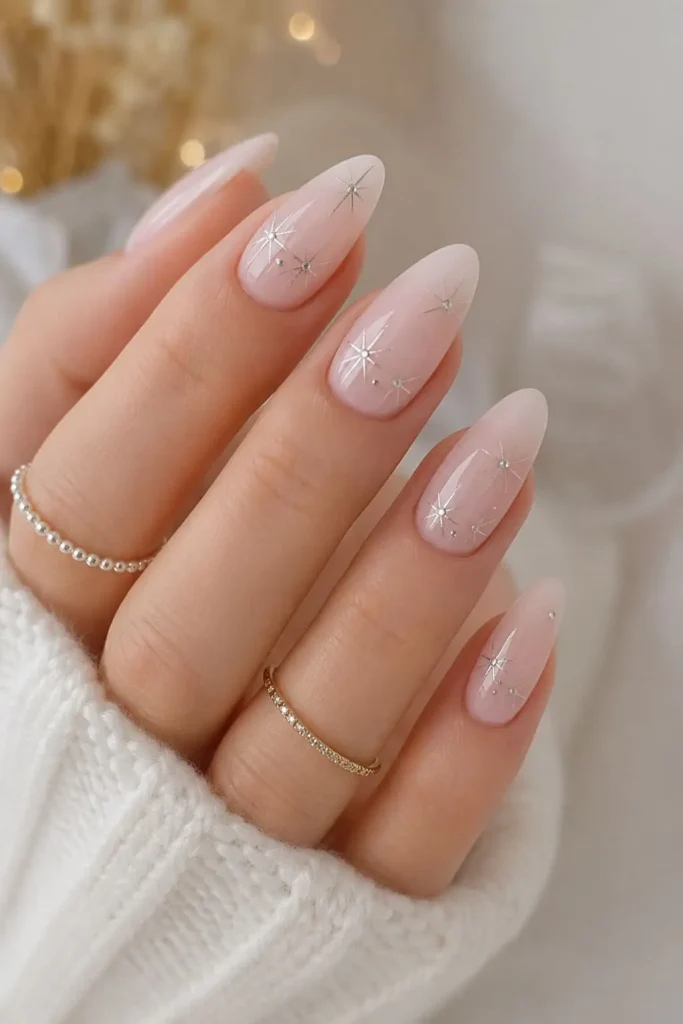 Celestial bridal nails with delicate silver stars and moon details
