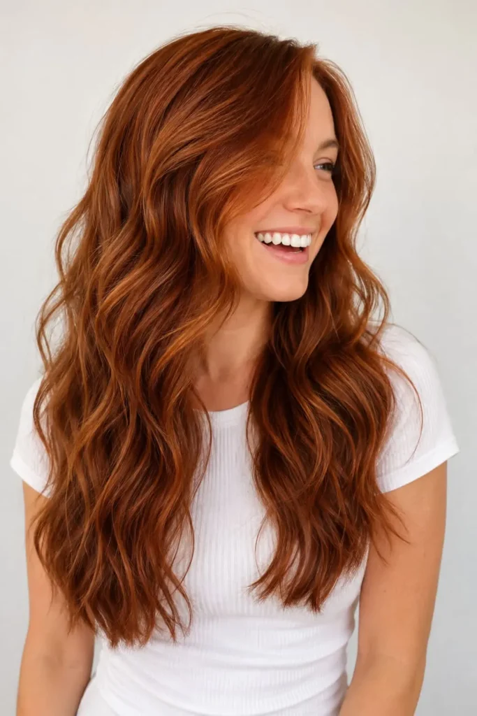 Long layered hairstyle with chin-grazing face-framing layers