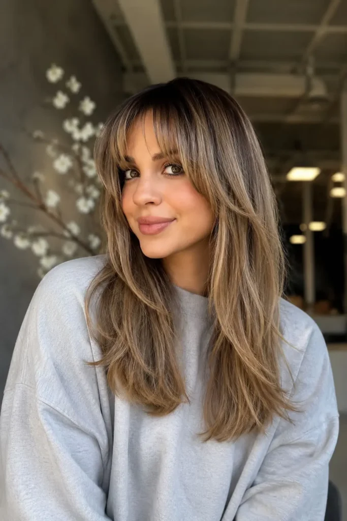 Long layered hairstyle with classic bangs and soft face-framing layers