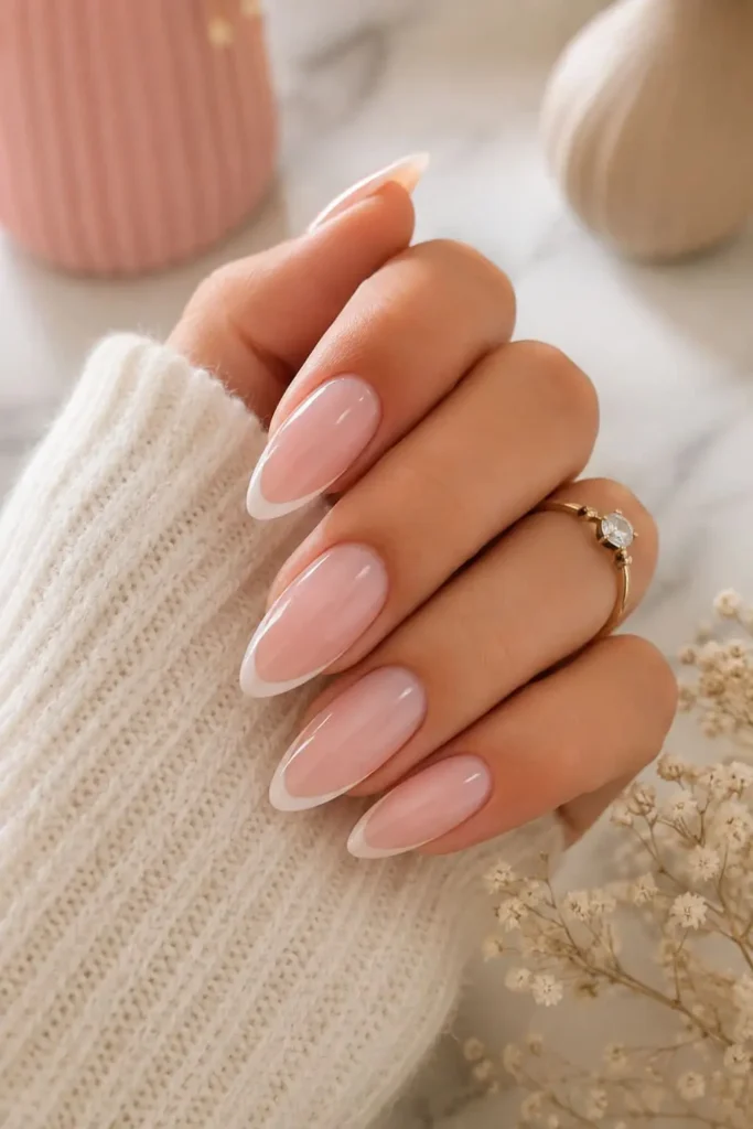 Classic French bridal nails with milky almond-shaped tips