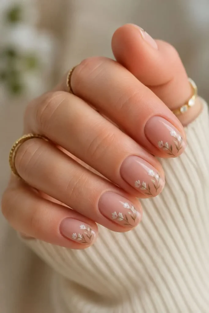 Daisy chain bridal nails with delicate white floral nail art